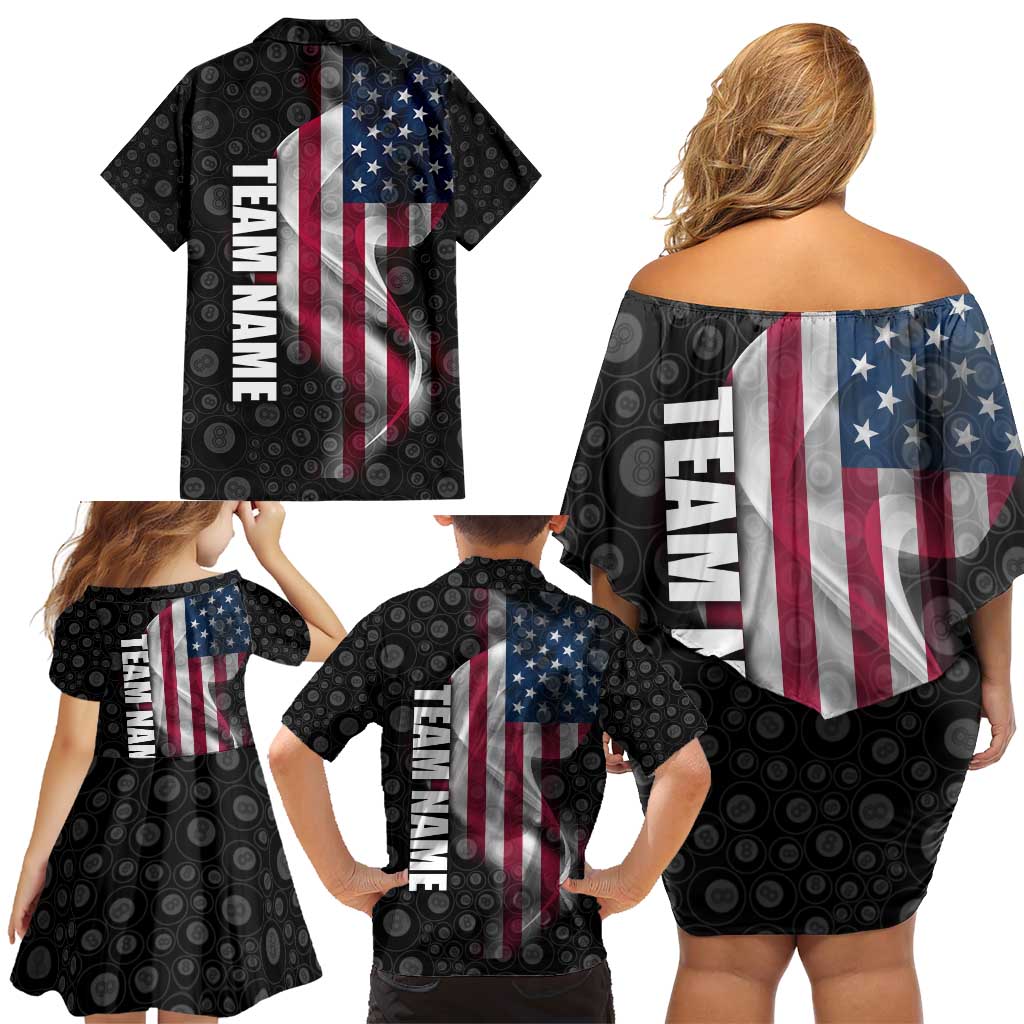 American Flag Bowling Ball and Pins Graphic Family Matching Off Shoulder Short Dress and Hawaiian Shirt with Black Patterned Background and Custom Team Name Design - Wonder Print Shop