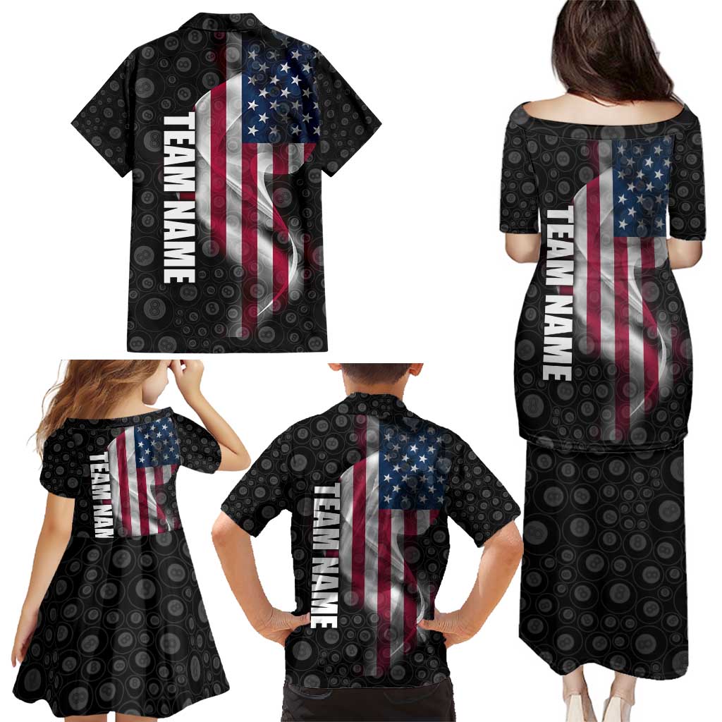 American Flag Bowling Ball and Pins Graphic Family Matching Puletasi and Hawaiian Shirt with Black Patterned Background and Custom Team Name Design - Wonder Print Shop