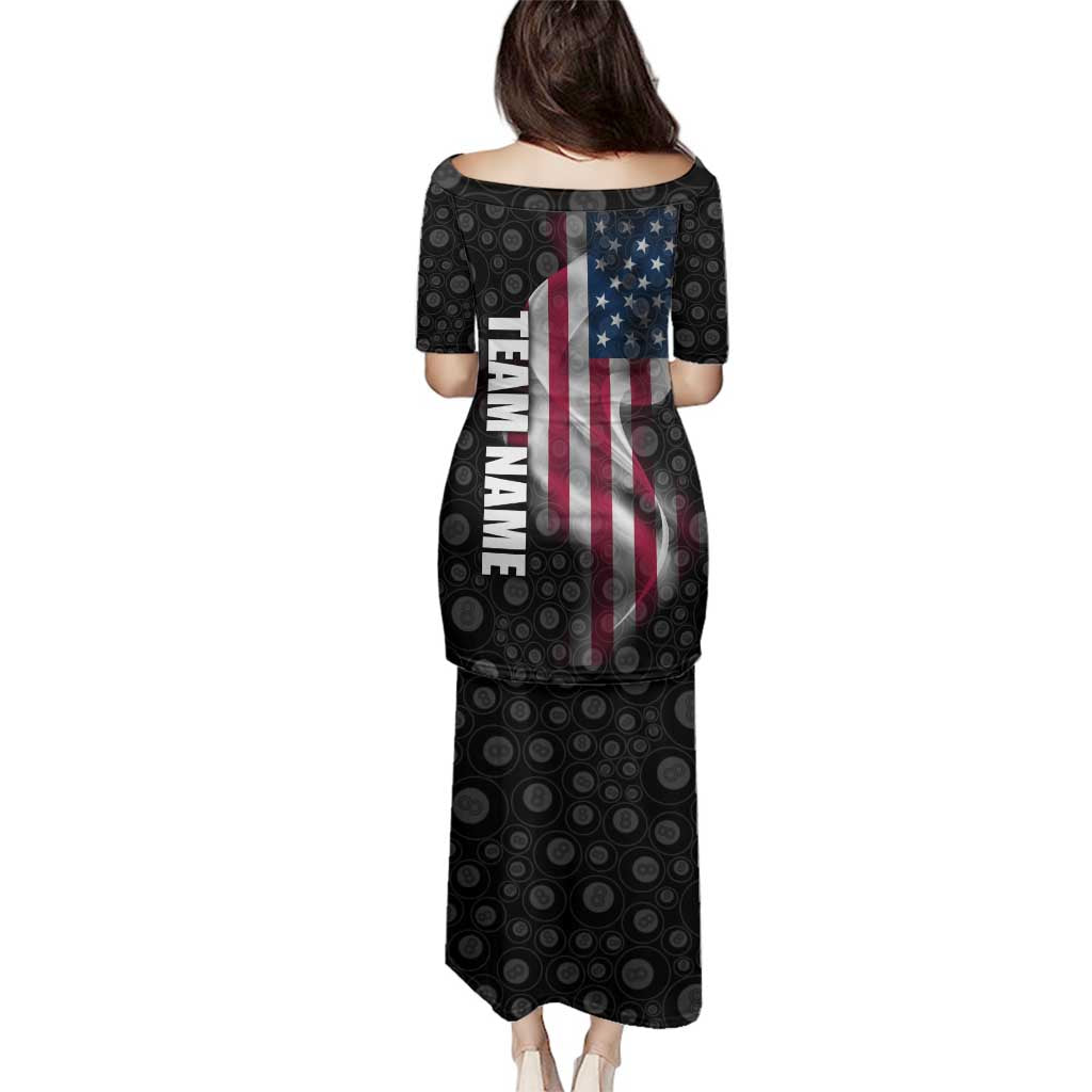 American Flag Bowling Ball and Pins Graphic Family Matching Puletasi and Hawaiian Shirt with Black Patterned Background and Custom Team Name Design - Wonder Print Shop