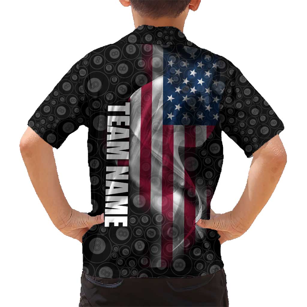 American Flag Bowling Ball and Pins Graphic Family Matching Short Sleeve Bodycon Dress and Hawaiian Shirt with Black Patterned Background and Custom Team Name Design - Wonder Print Shop