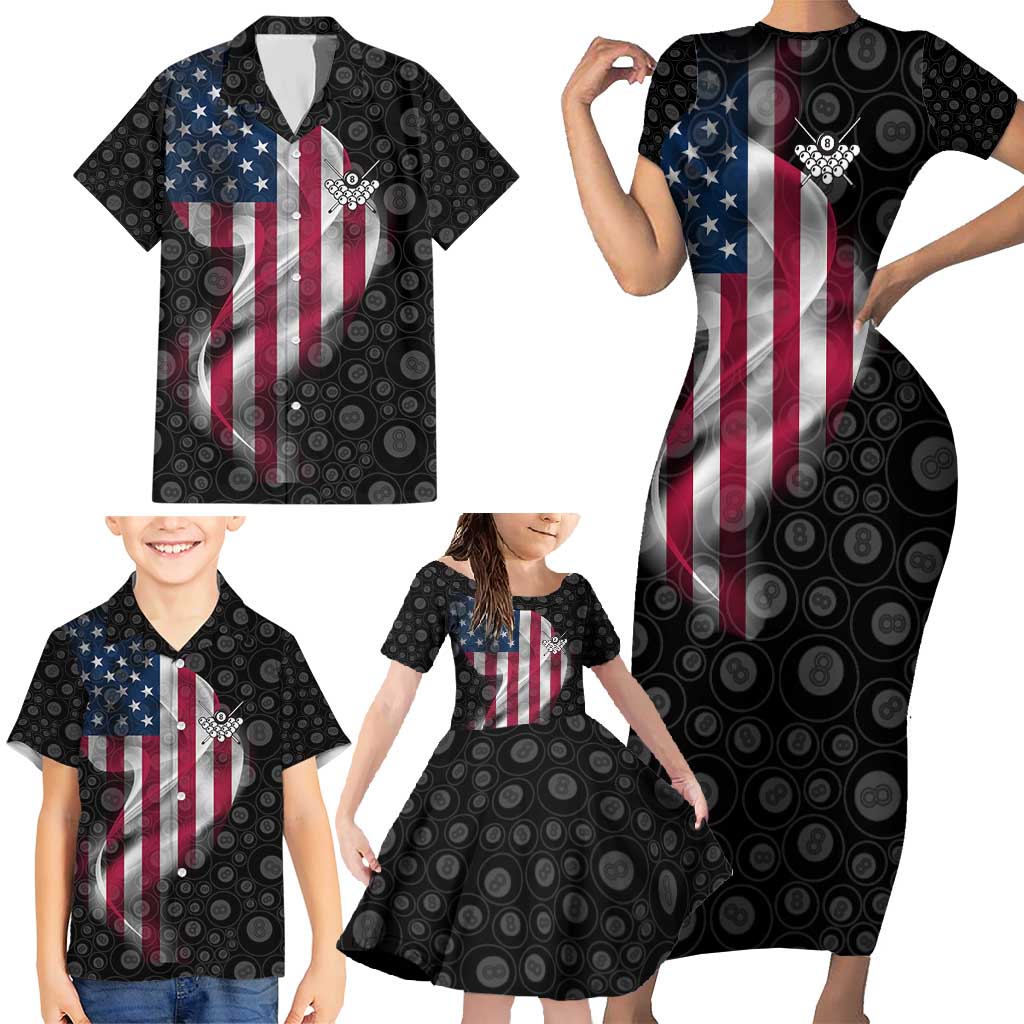 American Flag Bowling Ball and Pins Graphic Family Matching Short Sleeve Bodycon Dress and Hawaiian Shirt with Black Patterned Background and Custom Team Name Design - Wonder Print Shop
