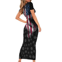 American Flag Bowling Ball and Pins Graphic Family Matching Short Sleeve Bodycon Dress and Hawaiian Shirt with Black Patterned Background and Custom Team Name Design - Wonder Print Shop