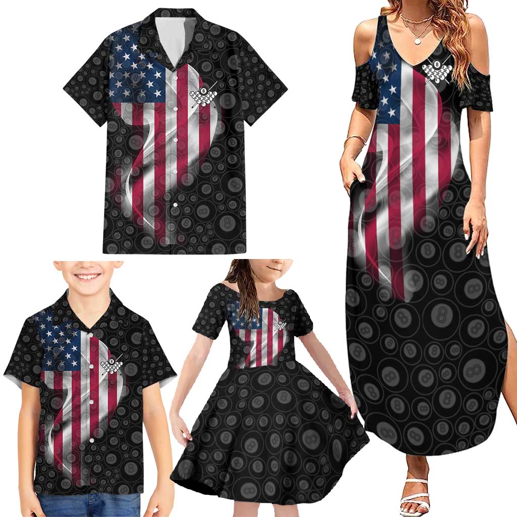 American Flag Bowling Ball and Pins Graphic Family Matching Summer Maxi Dress and Hawaiian Shirt with Black Patterned Background and Custom Team Name Design - Wonder Print Shop
