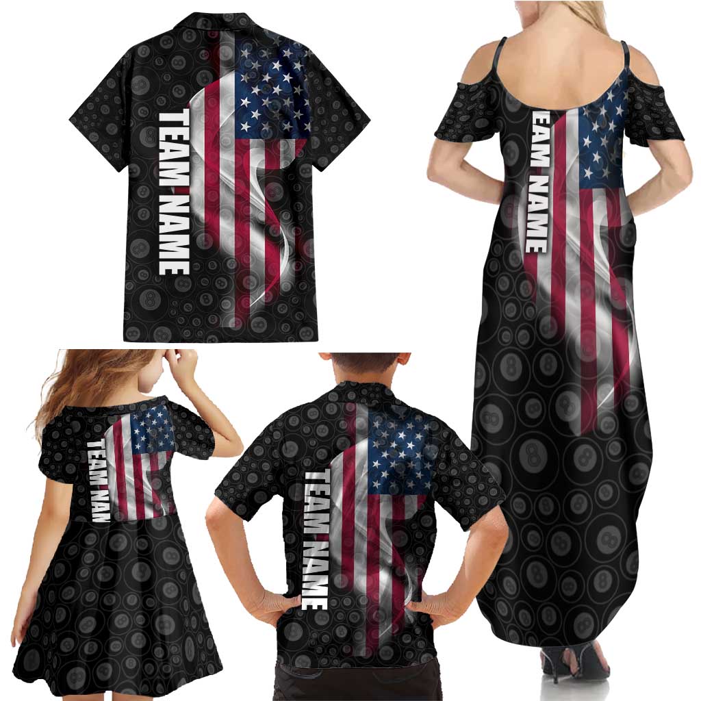 American Flag Bowling Ball and Pins Graphic Family Matching Summer Maxi Dress and Hawaiian Shirt with Black Patterned Background and Custom Team Name Design - Wonder Print Shop