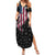 American Flag Bowling Ball and Pins Graphic Family Matching Summer Maxi Dress and Hawaiian Shirt with Black Patterned Background and Custom Team Name Design - Wonder Print Shop