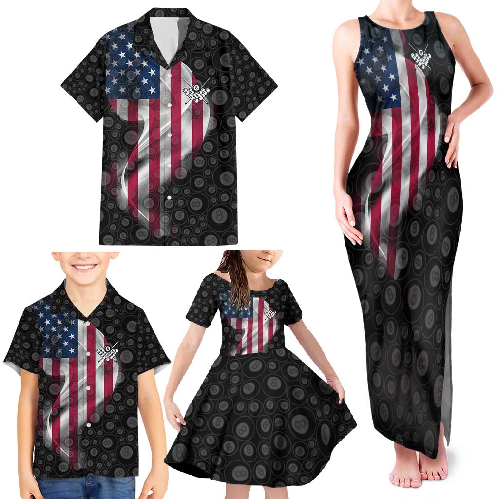 American Flag Bowling Ball and Pins Graphic Family Matching Tank Maxi Dress and Hawaiian Shirt with Black Patterned Background and Custom Team Name Design - Wonder Print Shop