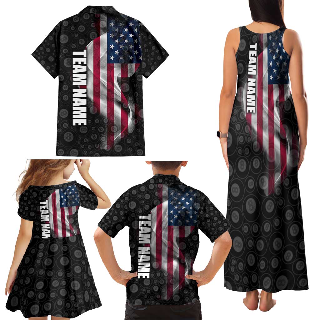 American Flag Bowling Ball and Pins Graphic Family Matching Tank Maxi Dress and Hawaiian Shirt with Black Patterned Background and Custom Team Name Design - Wonder Print Shop