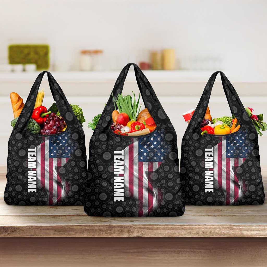 American Flag Bowling Ball and Pins Graphic Grocery Bag with Black Patterned Background and Custom Team Name Design - Wonder Print Shop