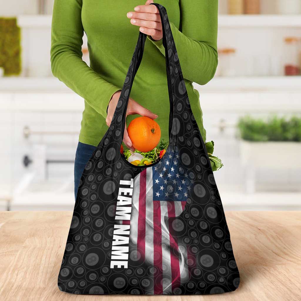 American Flag Bowling Ball and Pins Graphic Grocery Bag with Black Patterned Background and Custom Team Name Design - Wonder Print Shop