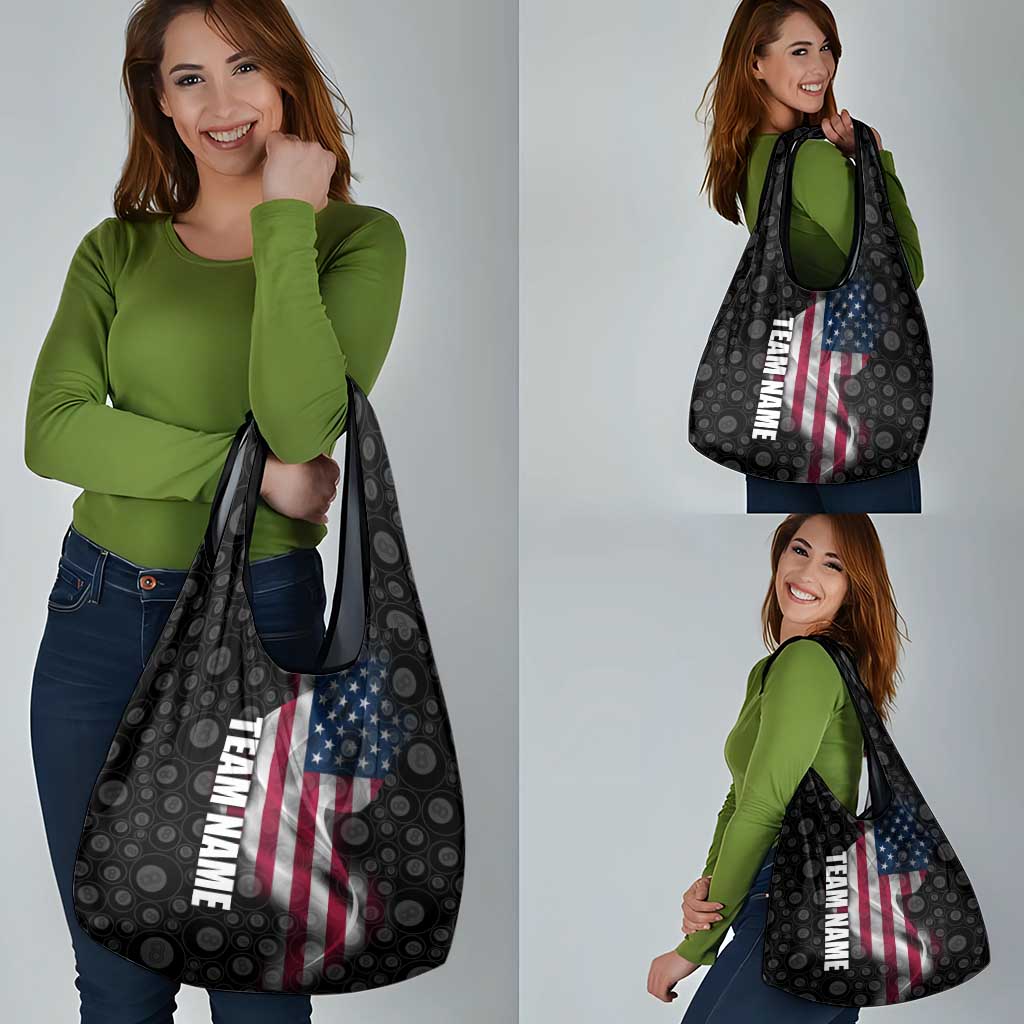 American Flag Bowling Ball and Pins Graphic Grocery Bag with Black Patterned Background and Custom Team Name Design - Wonder Print Shop