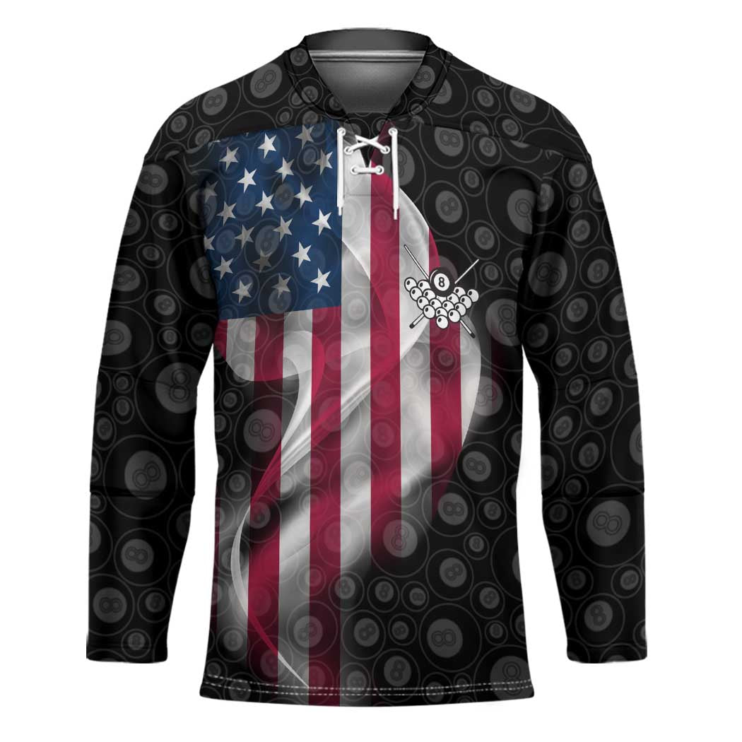 American Flag Bowling Ball and Pins Graphic Hockey Jersey with Black Patterned Background and Custom Team Name Design - Wonder Print Shop