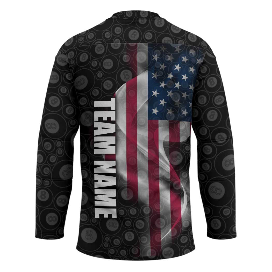 American Flag Bowling Ball and Pins Graphic Hockey Jersey with Black Patterned Background and Custom Team Name Design - Wonder Print Shop