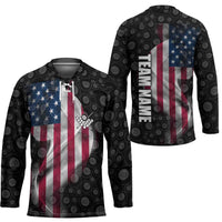 American Flag Bowling Ball and Pins Graphic Hockey Jersey with Black Patterned Background and Custom Team Name Design - Wonder Print Shop