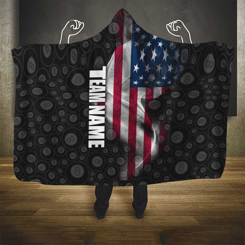 American Flag Bowling Ball and Pins Graphic Hooded Blanket with Black Patterned Background and Custom Team Name Design - Wonder Print Shop