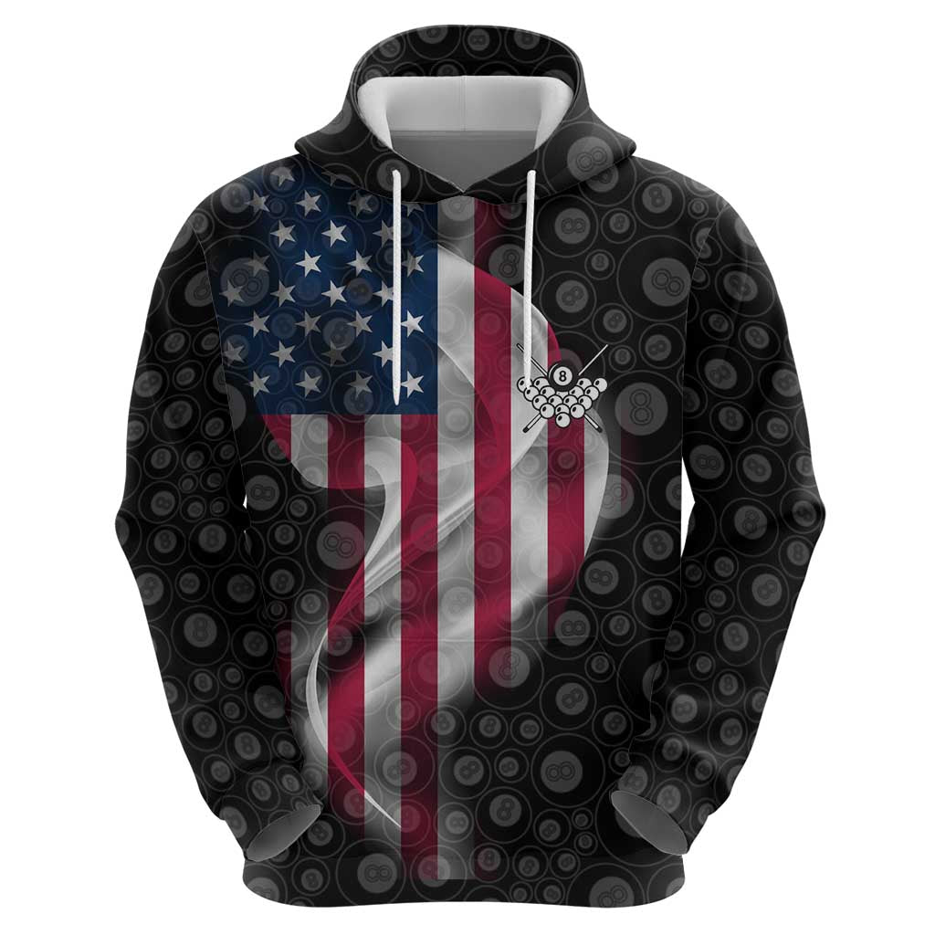 American Flag Bowling Ball and Pins Graphic Hoodie with Black Patterned Background and Custom Team Name Design - Wonder Print Shop
