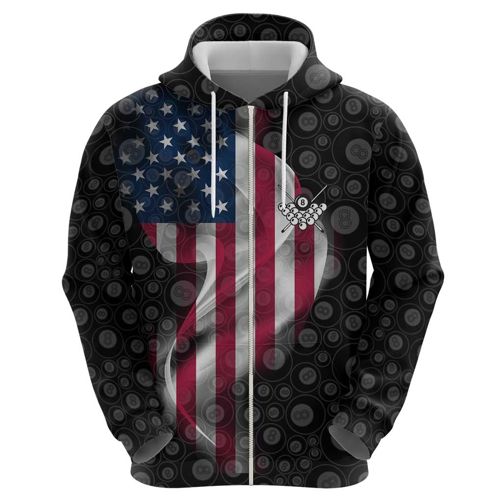 American Flag Bowling Ball and Pins Graphic Hoodie with Black Patterned Background and Custom Team Name Design - Wonder Print Shop