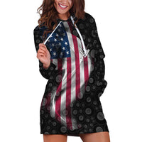 American Flag Bowling Ball and Pins Graphic Hoodie Dress with Black Patterned Background and Custom Team Name Design - Wonder Print Shop