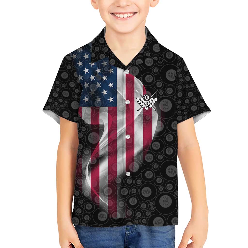 American Flag Bowling Ball and Pins Graphic Kid Hawaiian Shirt with Black Patterned Background and Custom Team Name Design - Wonder Print Shop