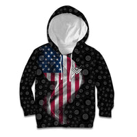 American Flag Bowling Ball and Pins Graphic Kid Hoodie with Black Patterned Background and Custom Team Name Design - Wonder Print Shop