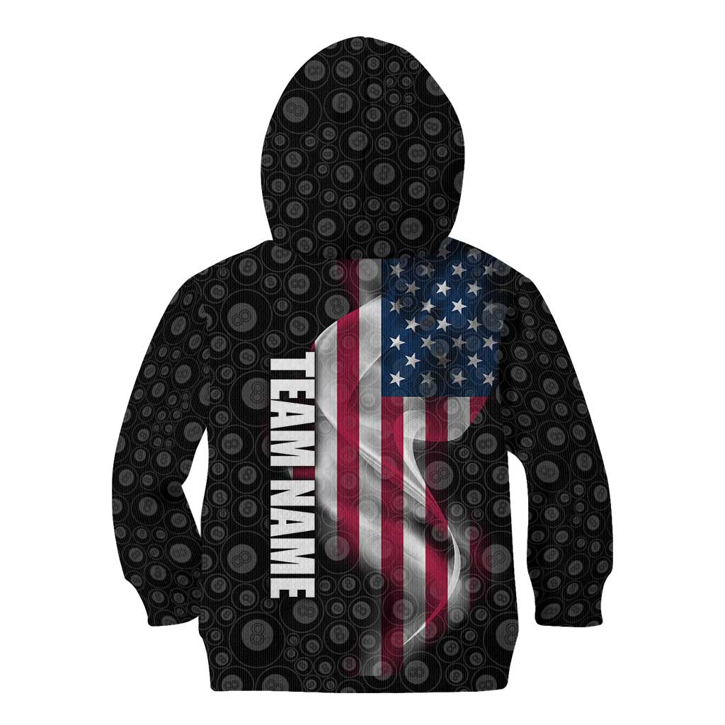 American Flag Bowling Ball and Pins Graphic Kid Hoodie with Black Patterned Background and Custom Team Name Design - Wonder Print Shop