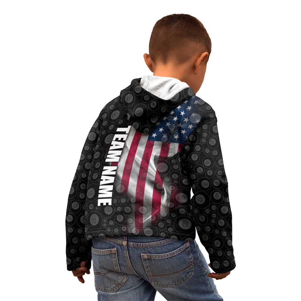 American Flag Bowling Ball and Pins Graphic Kid Hoodie with Black Patterned Background and Custom Team Name Design - Wonder Print Shop