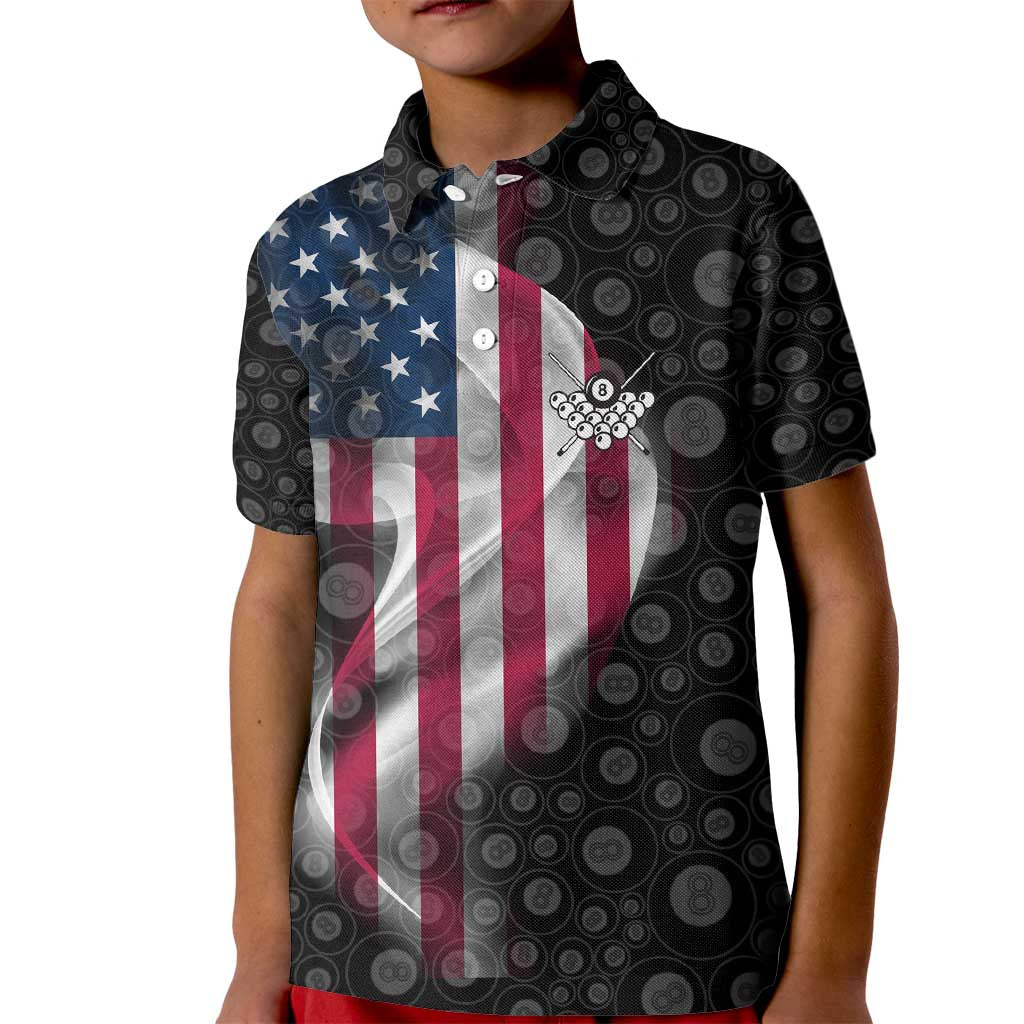 American Flag Bowling Ball and Pins Graphic Kid Polo Shirt with Black Patterned Background and Custom Team Name Design - Wonder Print Shop