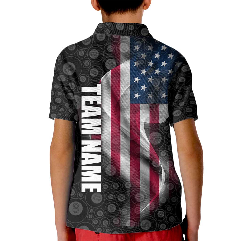 American Flag Bowling Ball and Pins Graphic Kid Polo Shirt with Black Patterned Background and Custom Team Name Design - Wonder Print Shop