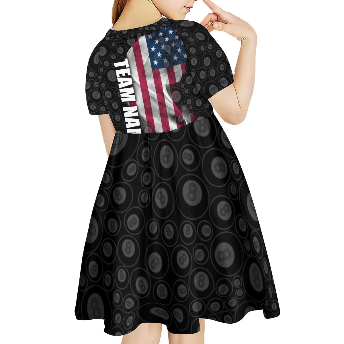 American Flag Bowling Ball and Pins Graphic Kid Short Sleeve Dress with Black Patterned Background and Custom Team Name Design - Wonder Print Shop