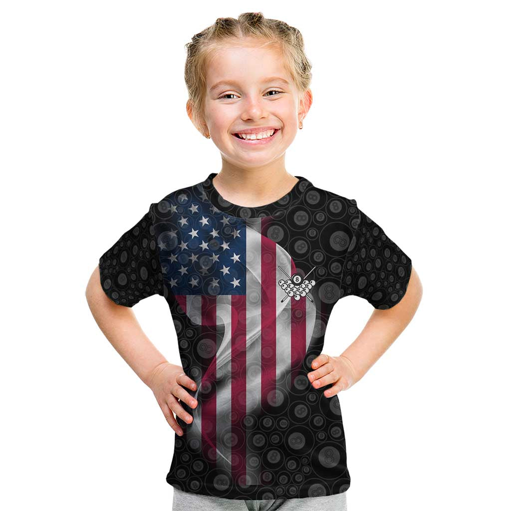 American Flag Bowling Ball and Pins Graphic Kid T Shirt with Black Patterned Background and Custom Team Name Design - Wonder Print Shop