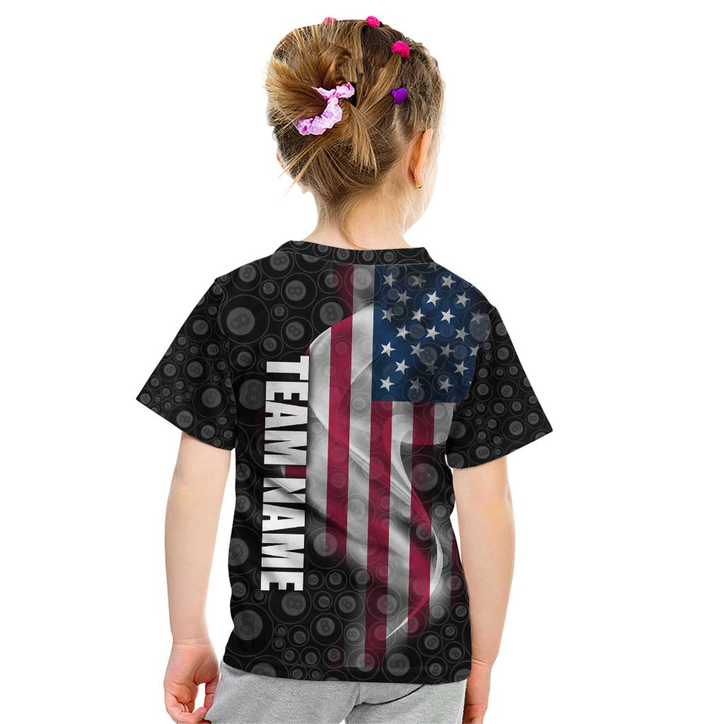 American Flag Bowling Ball and Pins Graphic Kid T Shirt with Black Patterned Background and Custom Team Name Design - Wonder Print Shop