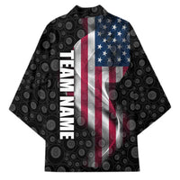 American Flag Bowling Ball and Pins Graphic Kimono with Black Patterned Background and Custom Team Name Design - Wonder Print Shop