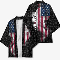 American Flag Bowling Ball and Pins Graphic Kimono with Black Patterned Background and Custom Team Name Design - Wonder Print Shop