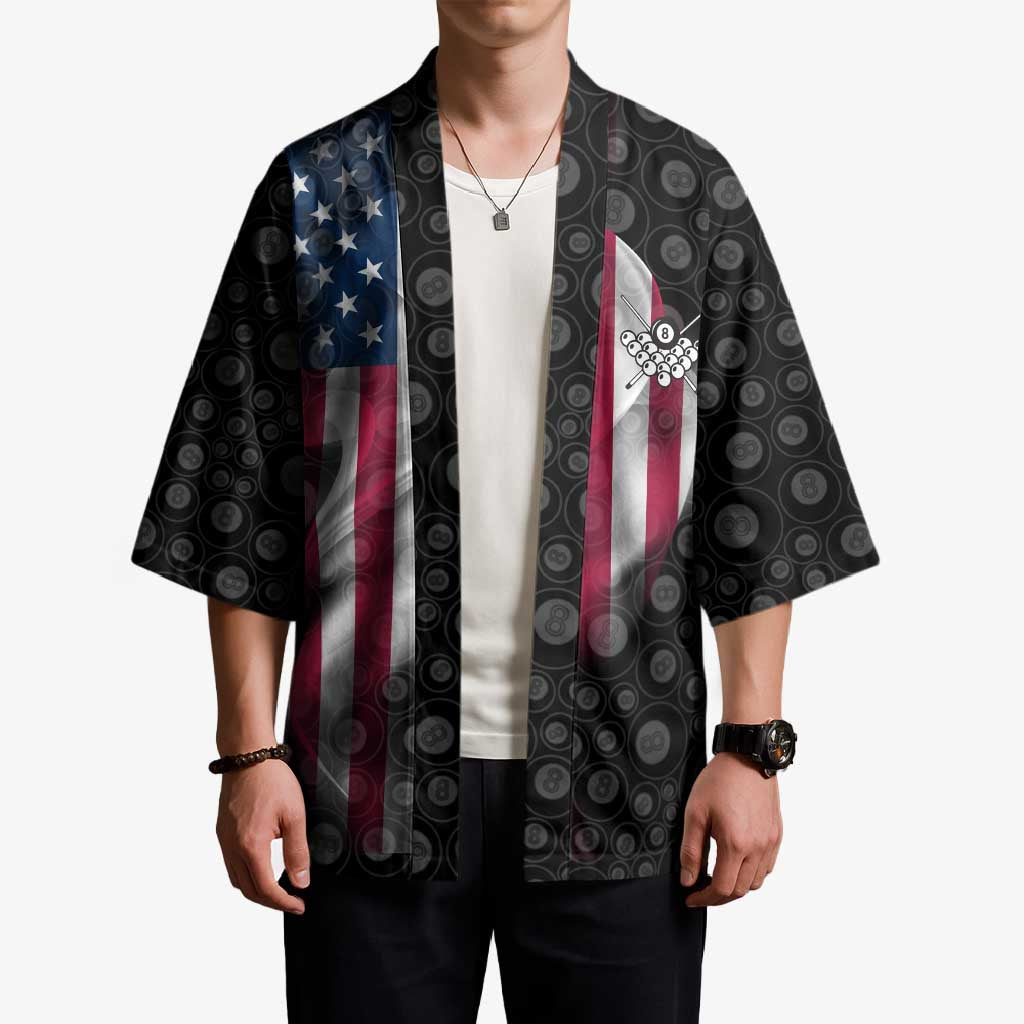 American Flag Bowling Ball and Pins Graphic Kimono with Black Patterned Background and Custom Team Name Design - Wonder Print Shop