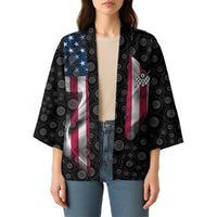 American Flag Bowling Ball and Pins Graphic Kimono with Black Patterned Background and Custom Team Name Design - Wonder Print Shop