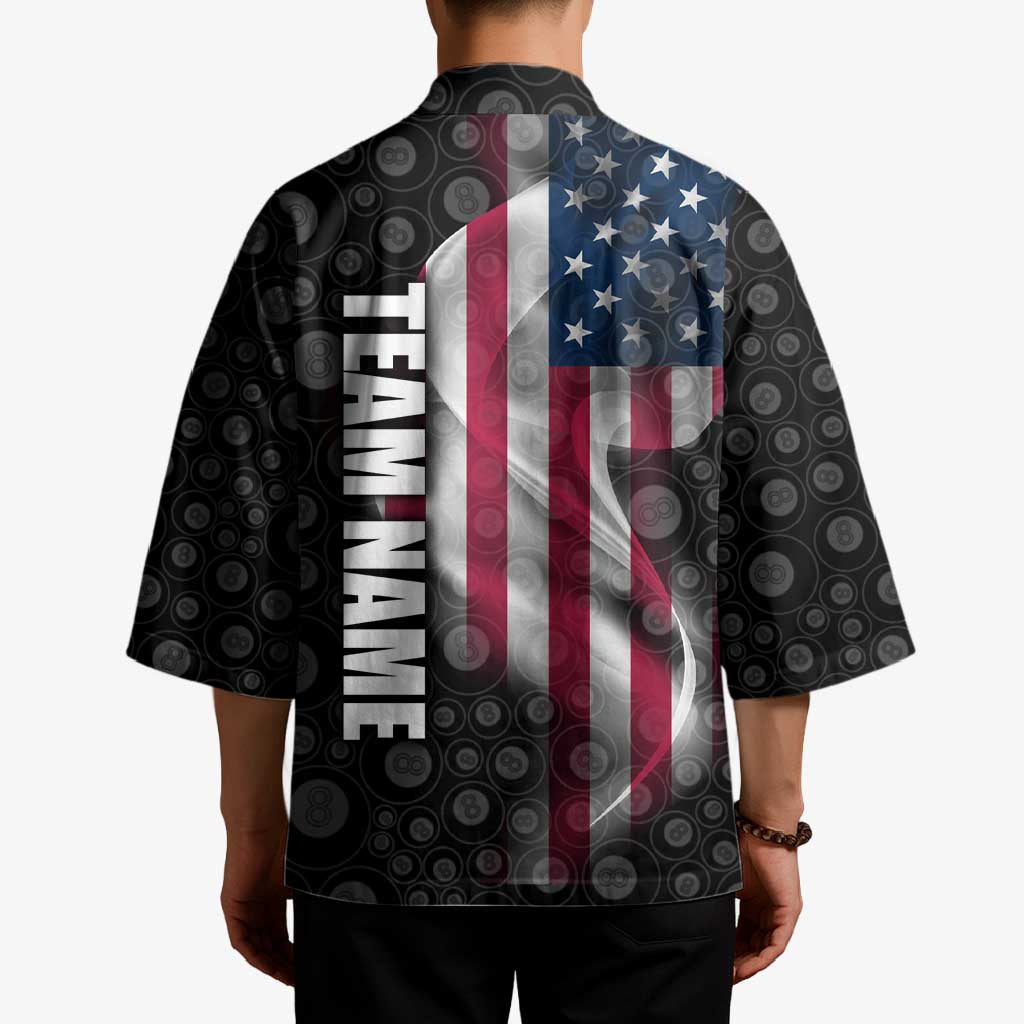 American Flag Bowling Ball and Pins Graphic Kimono with Black Patterned Background and Custom Team Name Design - Wonder Print Shop