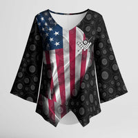American Flag Bowling Ball and Pins Graphic Kimono Sleeve Blouse with Black Patterned Background and Custom Team Name Design - Wonder Print Shop