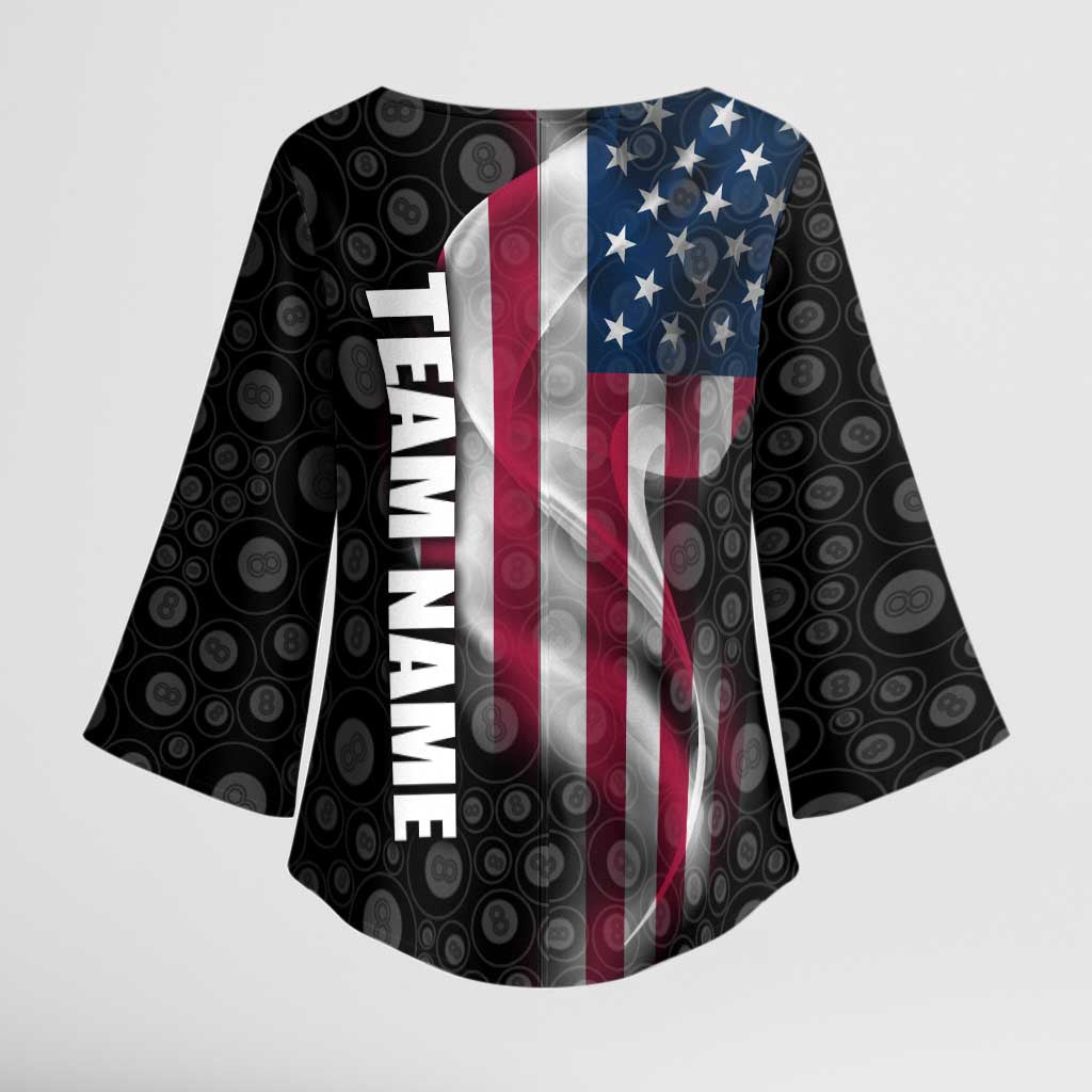 American Flag Bowling Ball and Pins Graphic Kimono Sleeve Blouse with Black Patterned Background and Custom Team Name Design - Wonder Print Shop