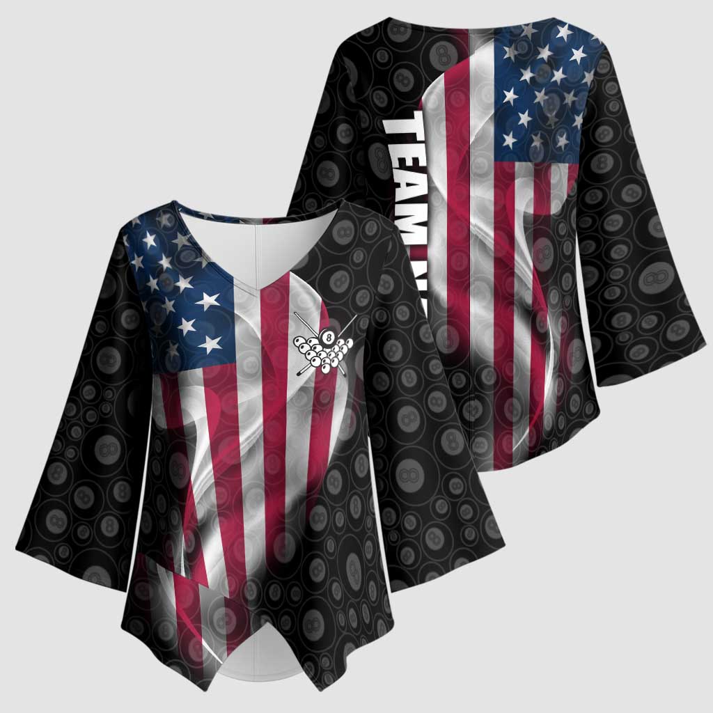 American Flag Bowling Ball and Pins Graphic Kimono Sleeve Blouse with Black Patterned Background and Custom Team Name Design - Wonder Print Shop
