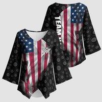 American Flag Bowling Ball and Pins Graphic Kimono Sleeve Blouse with Black Patterned Background and Custom Team Name Design - Wonder Print Shop