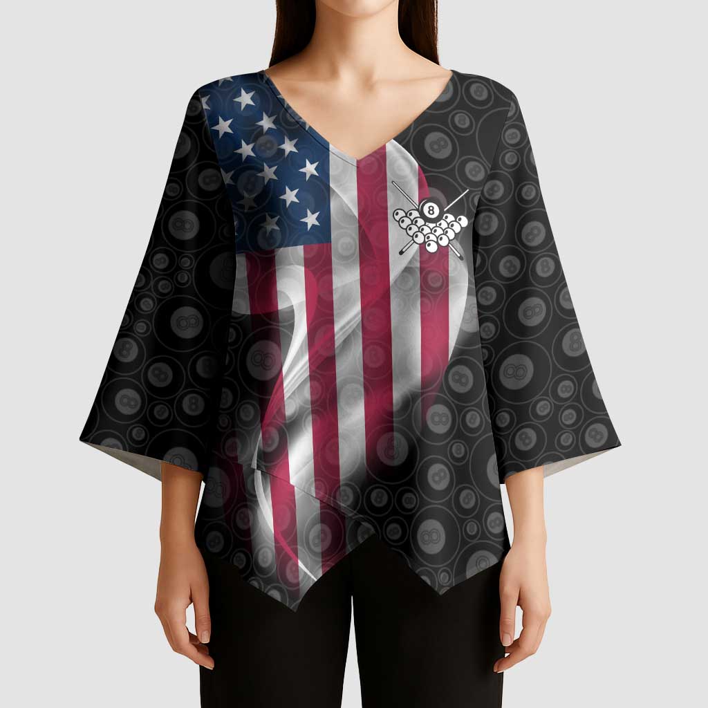 American Flag Bowling Ball and Pins Graphic Kimono Sleeve Blouse with Black Patterned Background and Custom Team Name Design - Wonder Print Shop