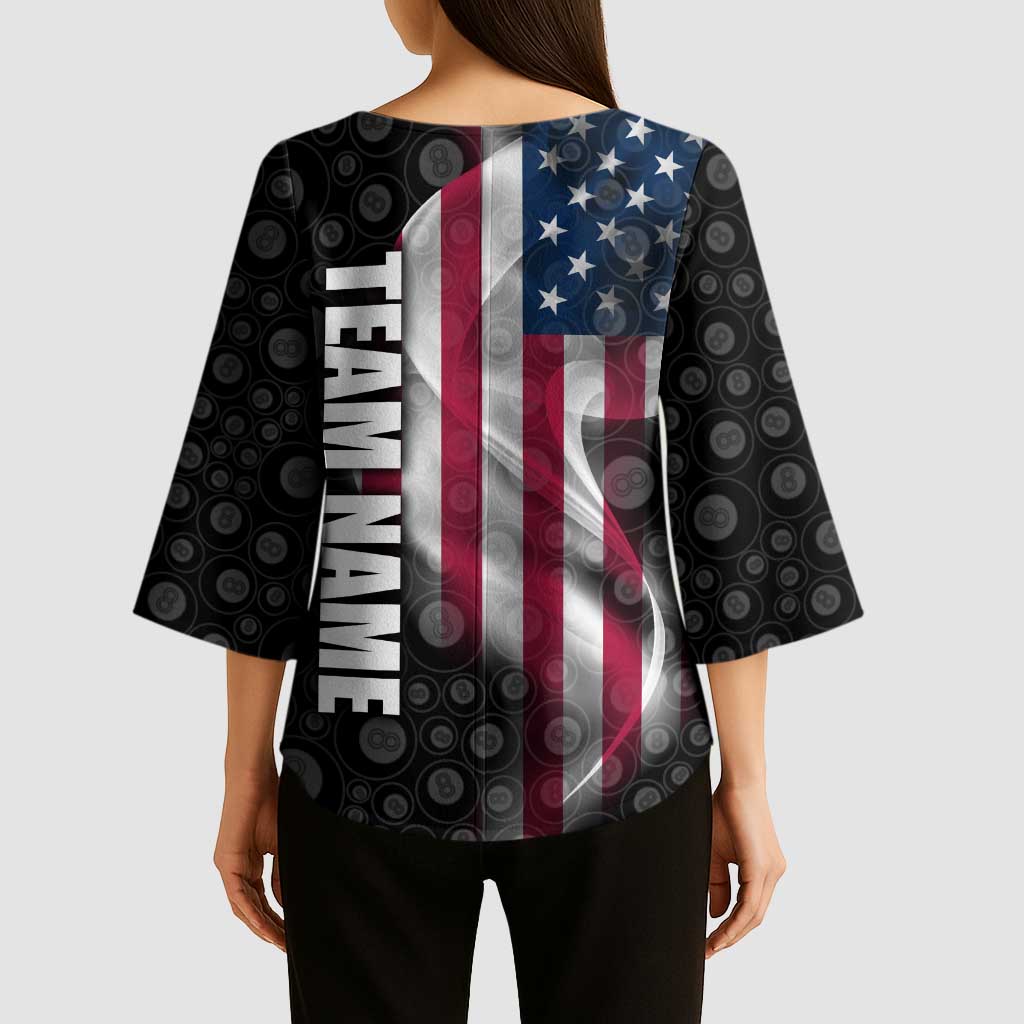 American Flag Bowling Ball and Pins Graphic Kimono Sleeve Blouse with Black Patterned Background and Custom Team Name Design - Wonder Print Shop