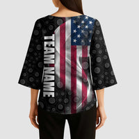 American Flag Bowling Ball and Pins Graphic Kimono Sleeve Blouse with Black Patterned Background and Custom Team Name Design - Wonder Print Shop