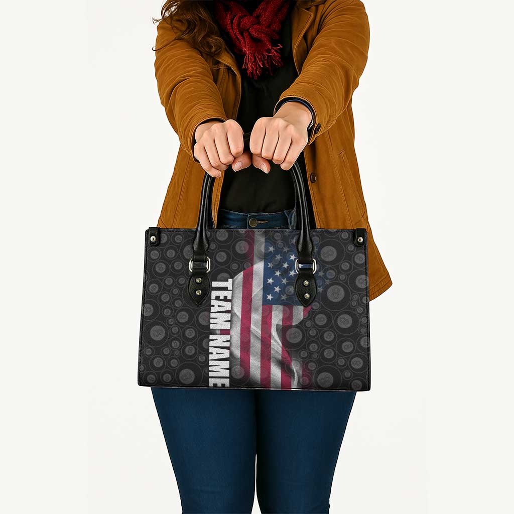American Flag Bowling Ball and Pins Graphic Leather Bag with Black Patterned Background and Custom Team Name Design - Wonder Print Shop