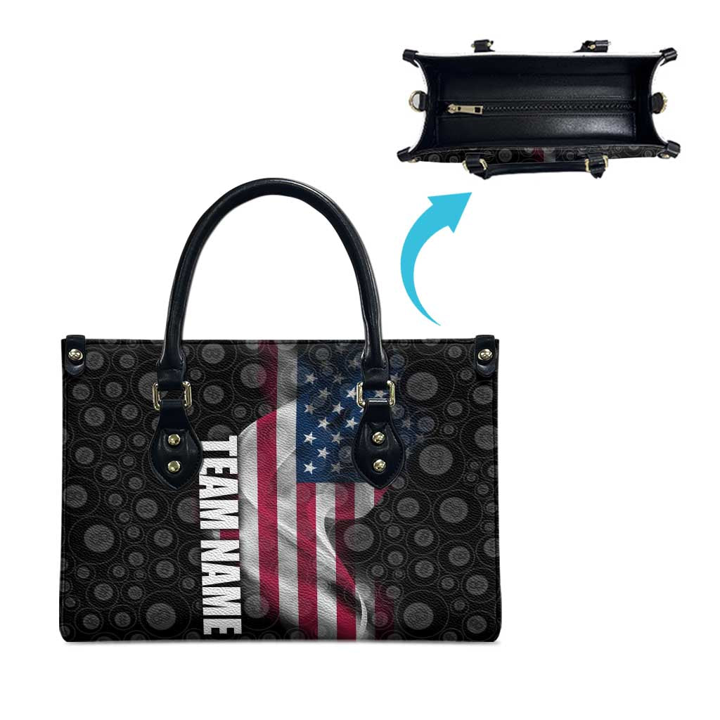 American Flag Bowling Ball and Pins Graphic Leather Bag with Black Patterned Background and Custom Team Name Design - Wonder Print Shop