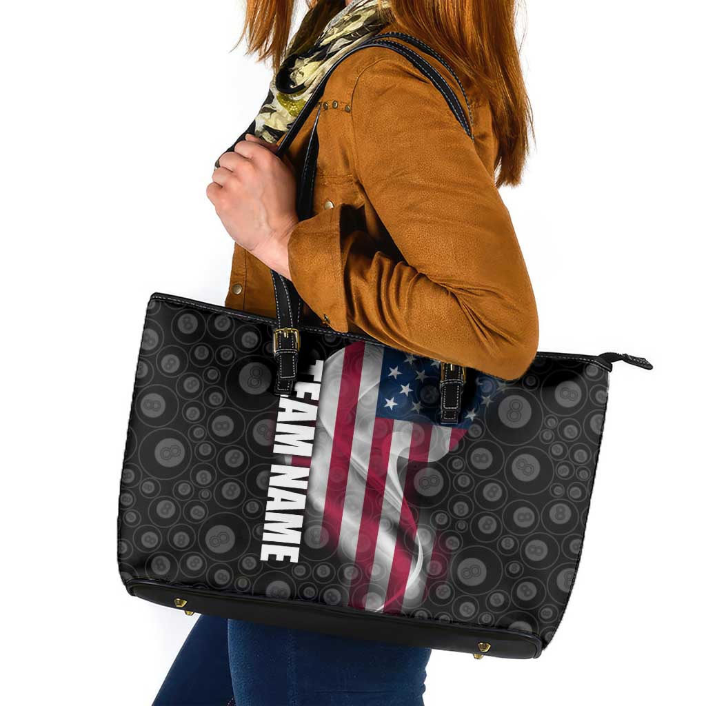 American Flag Bowling Ball and Pins Graphic Leather Tote Bag with Black Patterned Background and Custom Team Name Design - Wonder Print Shop