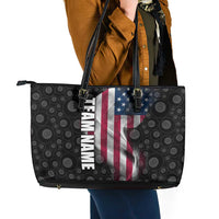 American Flag Bowling Ball and Pins Graphic Leather Tote Bag with Black Patterned Background and Custom Team Name Design - Wonder Print Shop