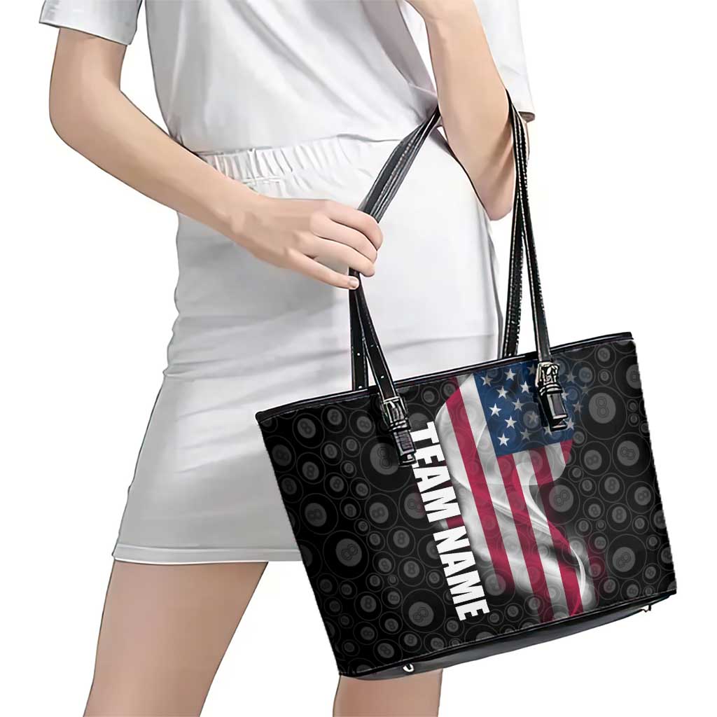 American Flag Bowling Ball and Pins Graphic Leather Tote Bag with Black Patterned Background and Custom Team Name Design - Wonder Print Shop
