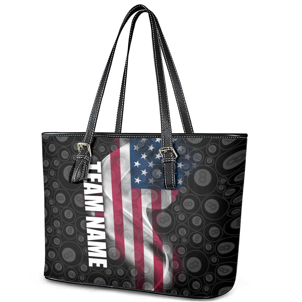 American Flag Bowling Ball and Pins Graphic Leather Tote Bag with Black Patterned Background and Custom Team Name Design - Wonder Print Shop