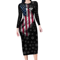 American Flag Bowling Ball and Pins Graphic Long Sleeve Bodycon Dress with Black Patterned Background and Custom Team Name Design - Wonder Print Shop