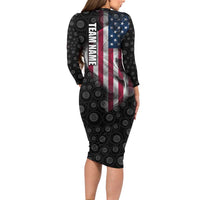 American Flag Bowling Ball and Pins Graphic Long Sleeve Bodycon Dress with Black Patterned Background and Custom Team Name Design - Wonder Print Shop